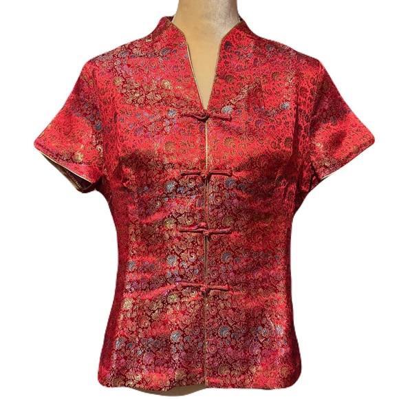 Traditional Womens Chinese Asian Summer Blouse Shirt Red Floral Frog Closure - Picture 9 of 9